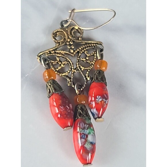 Glass Beaded Dangling Pierced Earrings Vintage - Picture 6 of 10